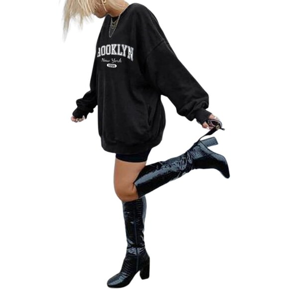 ⚡Women Black Brooklyn Imported Graphic Crewneck Long Sleeve Pullover Sweatshirt - Picture 4 of 5